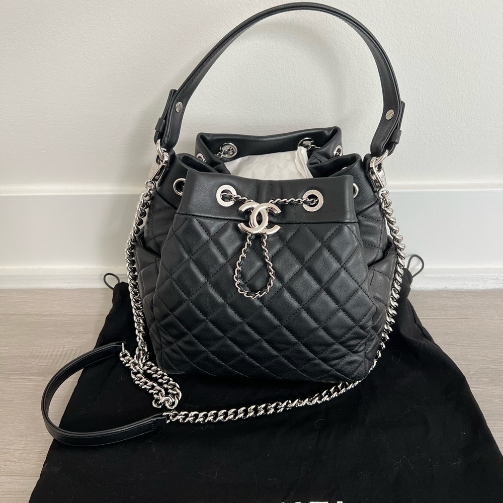 Chanel black cross body bucket bag